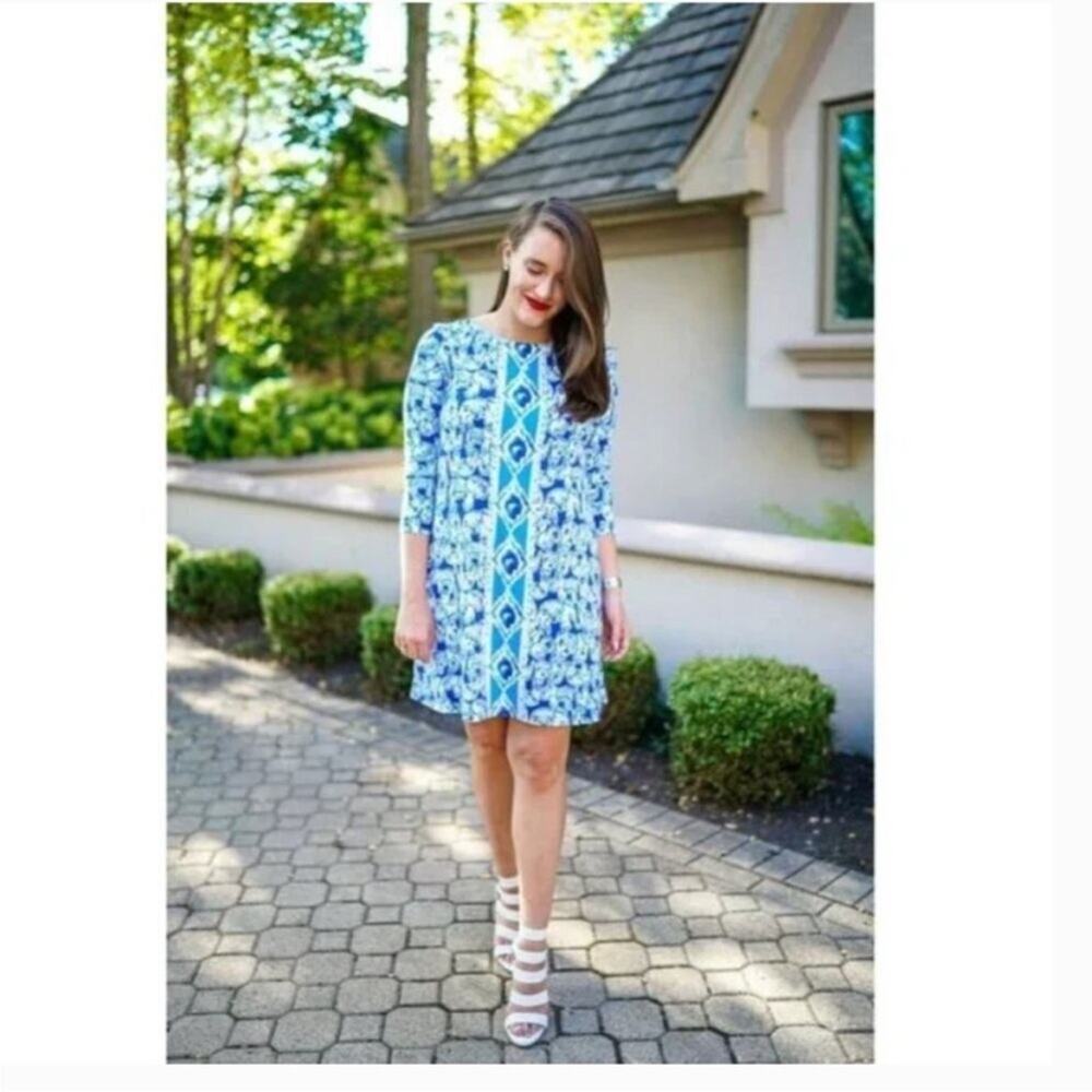 Lilly Pulitzer Ophelia Long Sleeve Elephant Print Blue White Dress Size Small